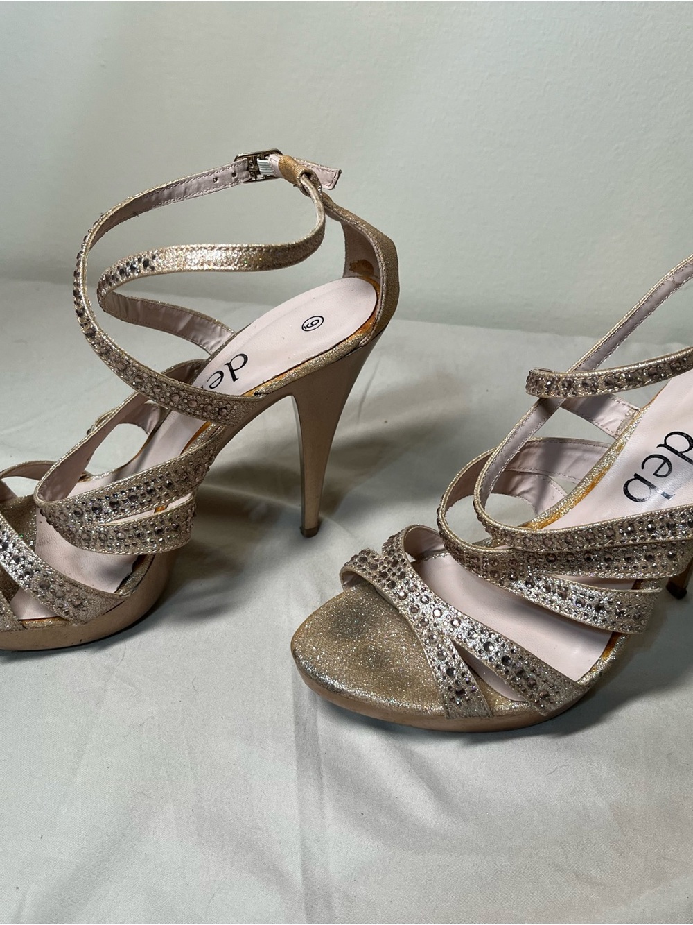 Deb Gold Glitter Strappy Rhinestone High Heels - Size 9